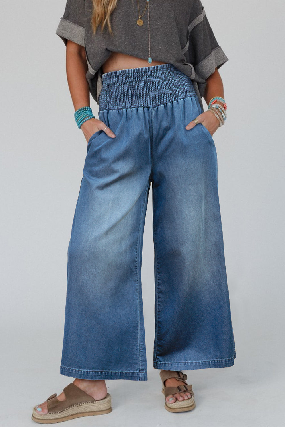 Smocked Waist Wide Leg Jeans with Side Pockets