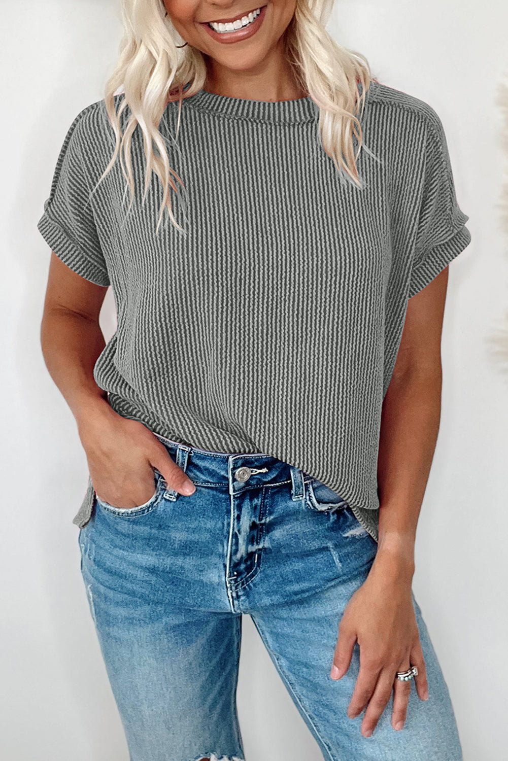 Ribbed Knit Short Sleeve Casual Top