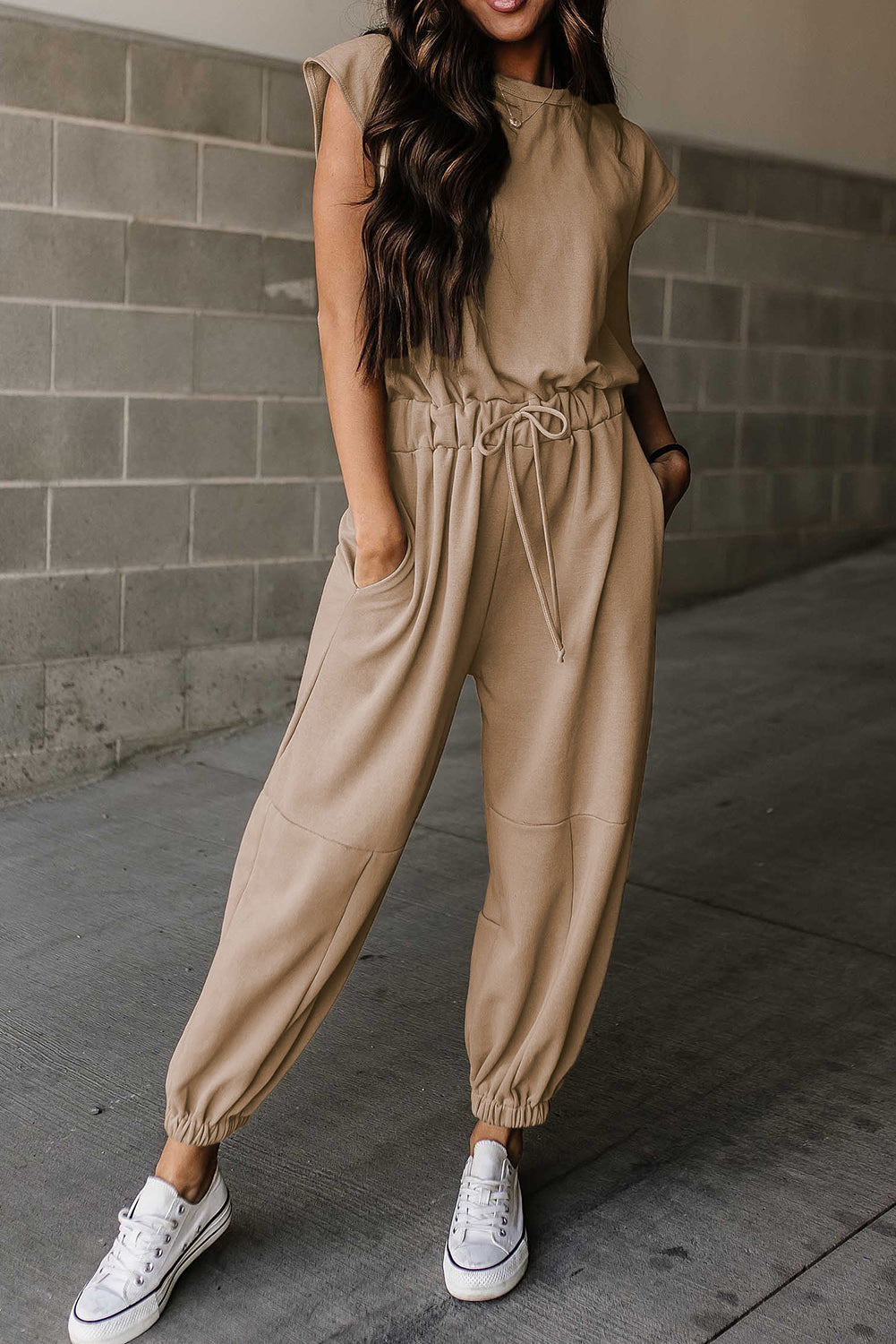 Cap Sleeve Jumpsuit with Open Back and Drawstring Waist