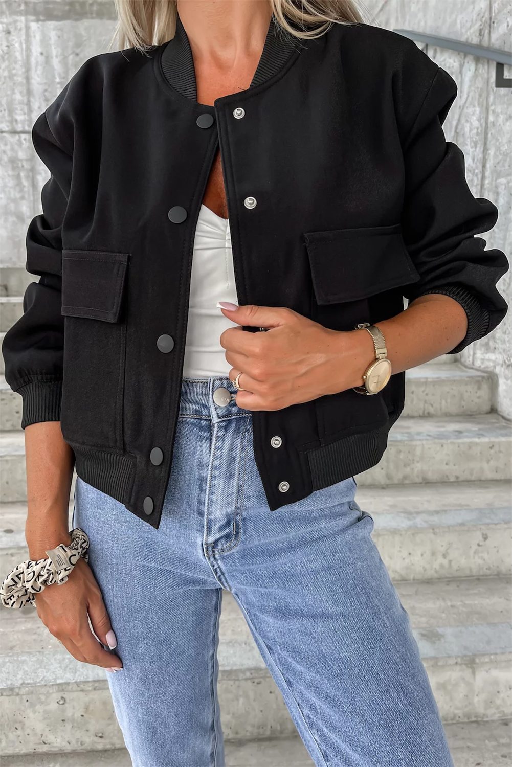 Casual Button-Up Bomber Jacket with Pockets